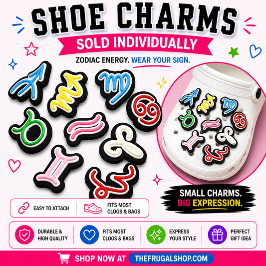 Zodiac shoe charms with a white shoe wearing the charms on a colorful background.