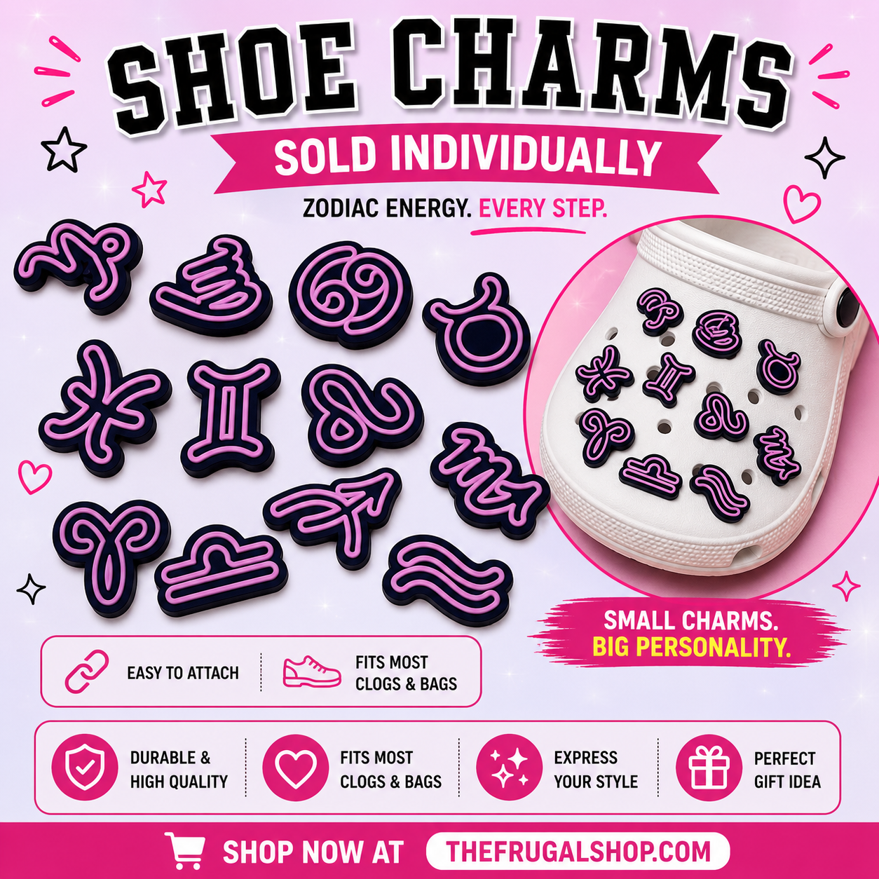 Promotional image of shoe charms with zodiac symbols on a pink background, featuring text about the product.