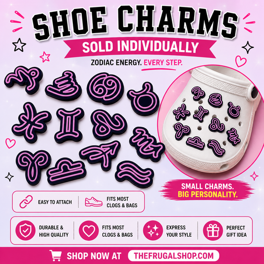 Promotional image of shoe charms with zodiac symbols on a pink background, featuring text about the product.