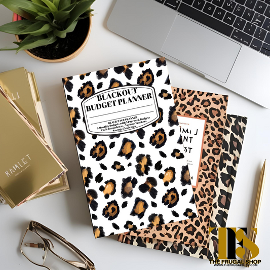 Blackout Animal Print Budget Planner | 6-Month Financial Planner on Black Paper with Savings Challenges
