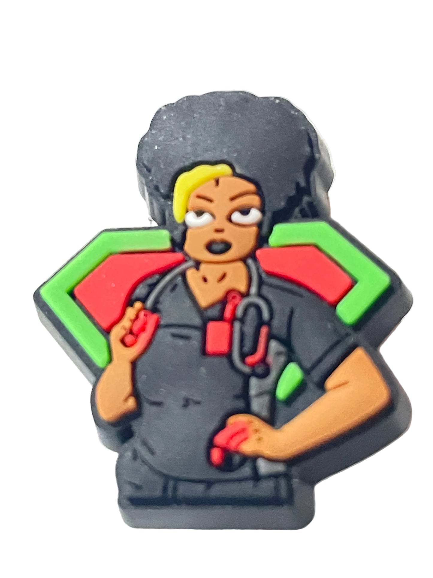 Colorful figurine of a person with a green and red background