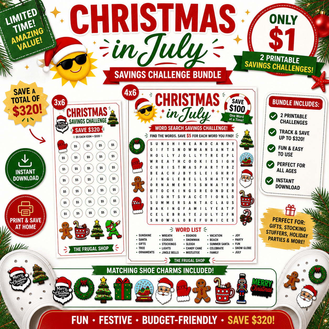 Christmas in July Shoe Charm Savings Challenge Printable