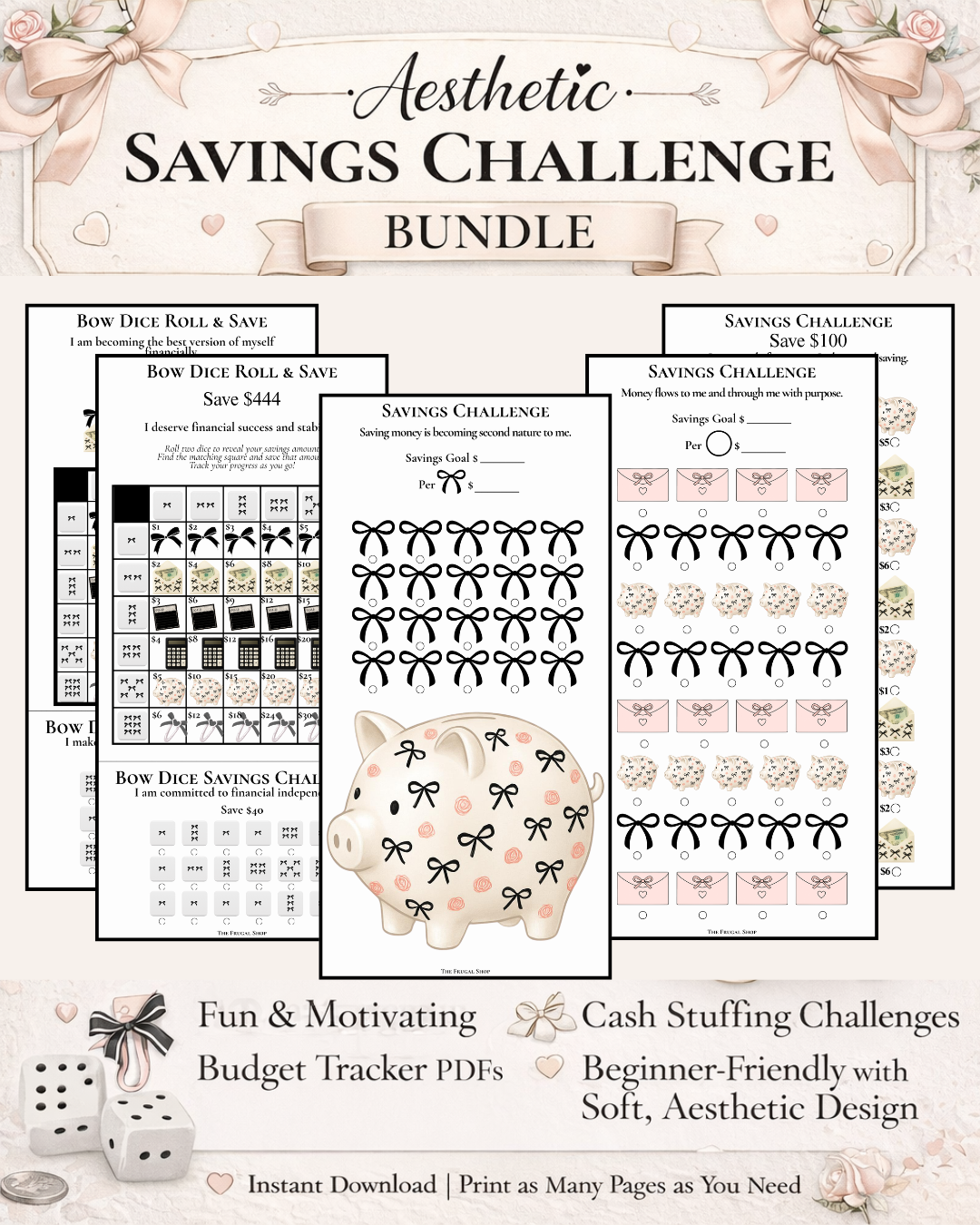 Aesthetic Savings Challenge Bundle Printable | Cash Stuffing Trackers, Budget Planner PDFs, 52 Week Savings, No-Spend & Money Saving Challenges
