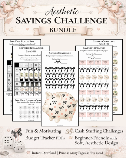 Aesthetic Savings Challenge Bundle Printable | Cash Stuffing Trackers, Budget Planner PDFs, 52 Week Savings, No-Spend & Money Saving Challenges
