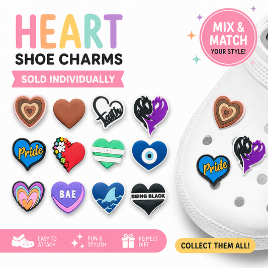 Heart-shaped shoe charms with various designs on a white background