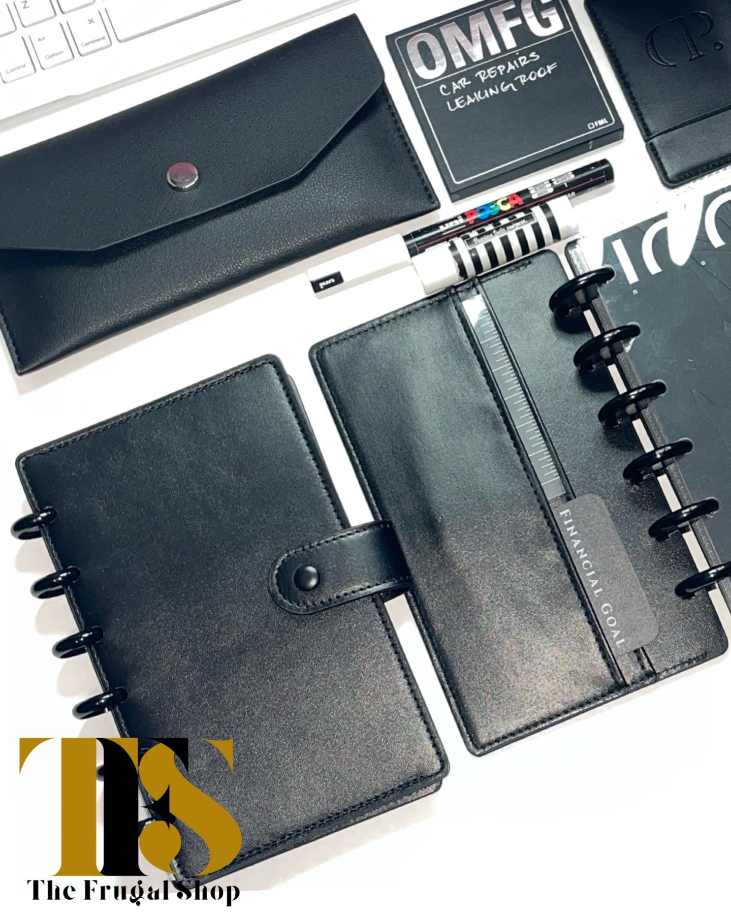 Smooth Black Leather Discbound Accessory Organizer | Cash Envelope System
