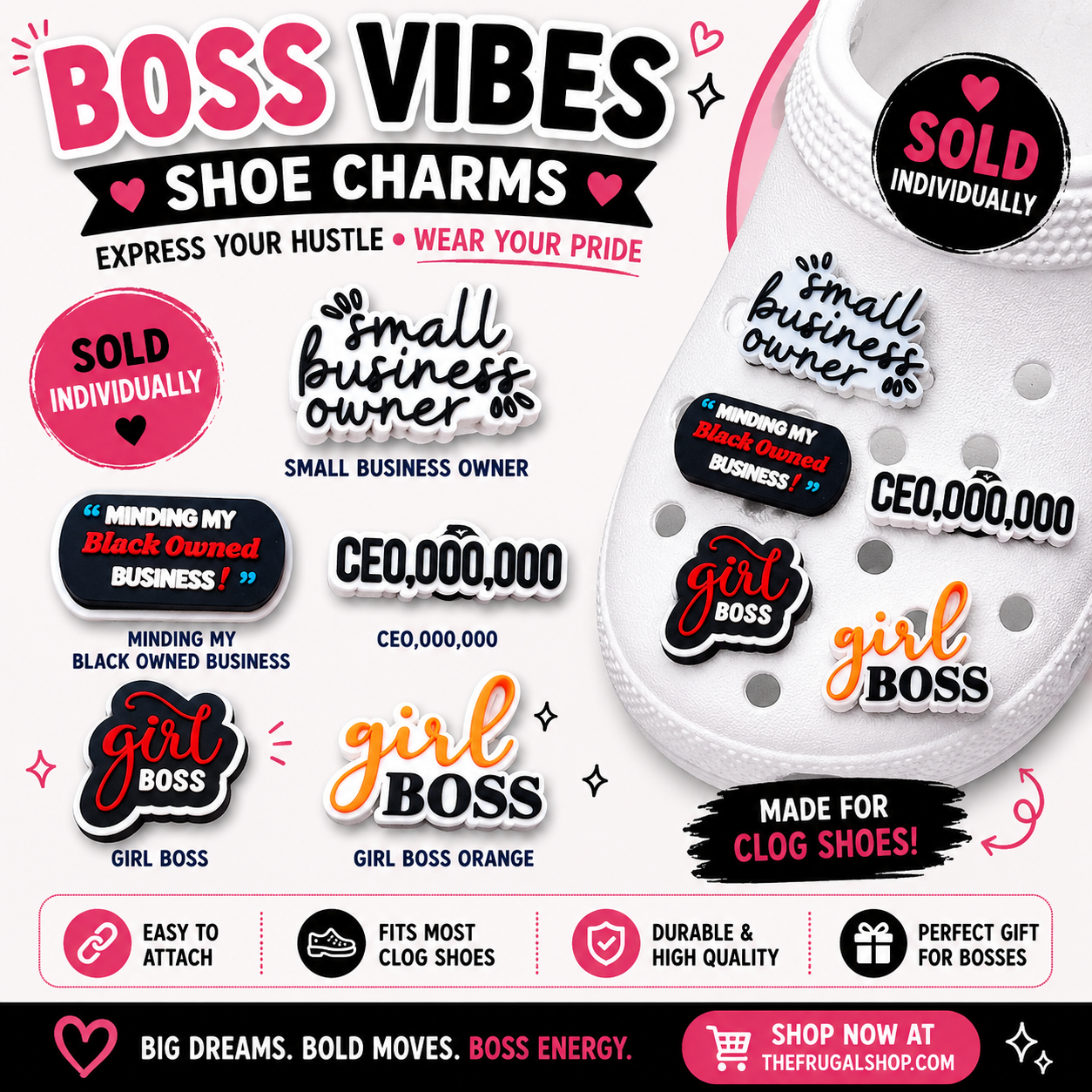 Collection of shoe charms with motivational phrases on a white background