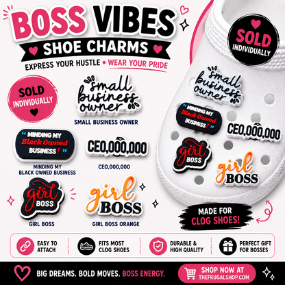 Collection of shoe charms with motivational phrases on a white background