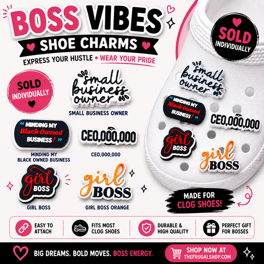 Collection of shoe charms with motivational phrases on a white background