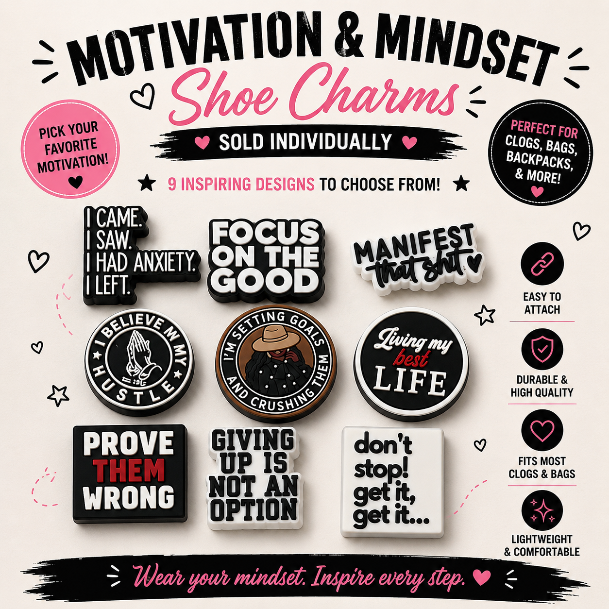 Motivational shoe charms with various sayings on a light pink background