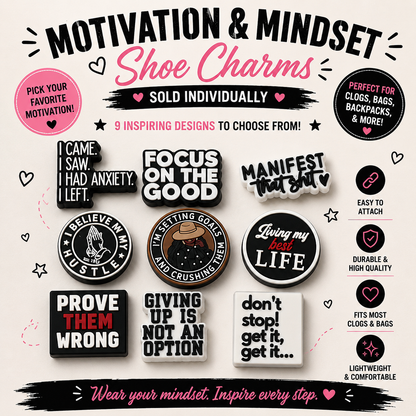 Motivational shoe charms with various sayings on a light pink background
