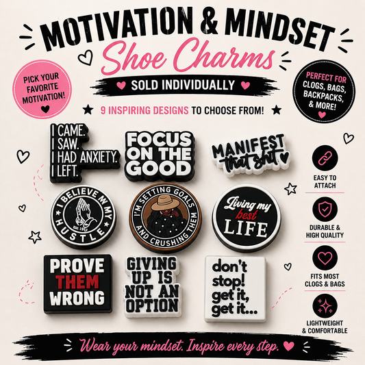Motivational shoe charms with various sayings on a light pink background