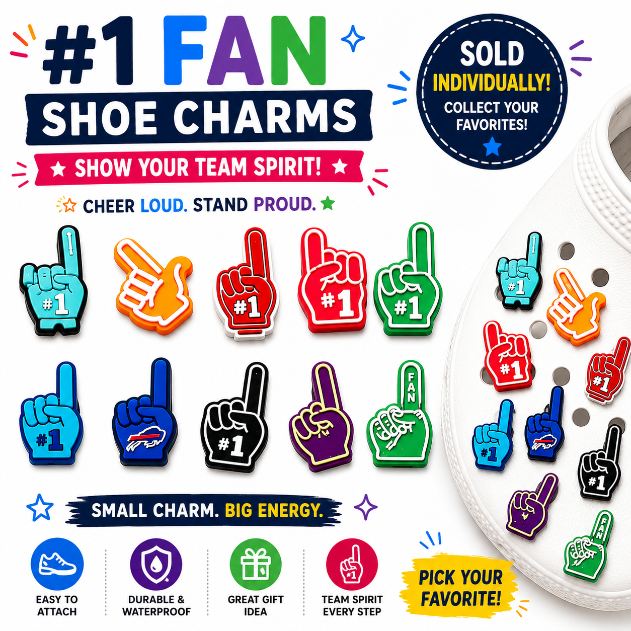 Colorful shoe charms with '#1 Fan' text and various hand gestures on a white background.