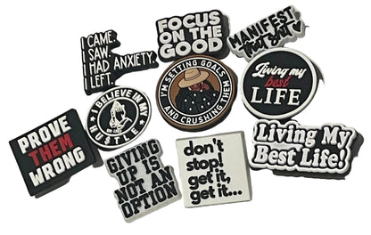 Collection of motivational stickers on a light gray background