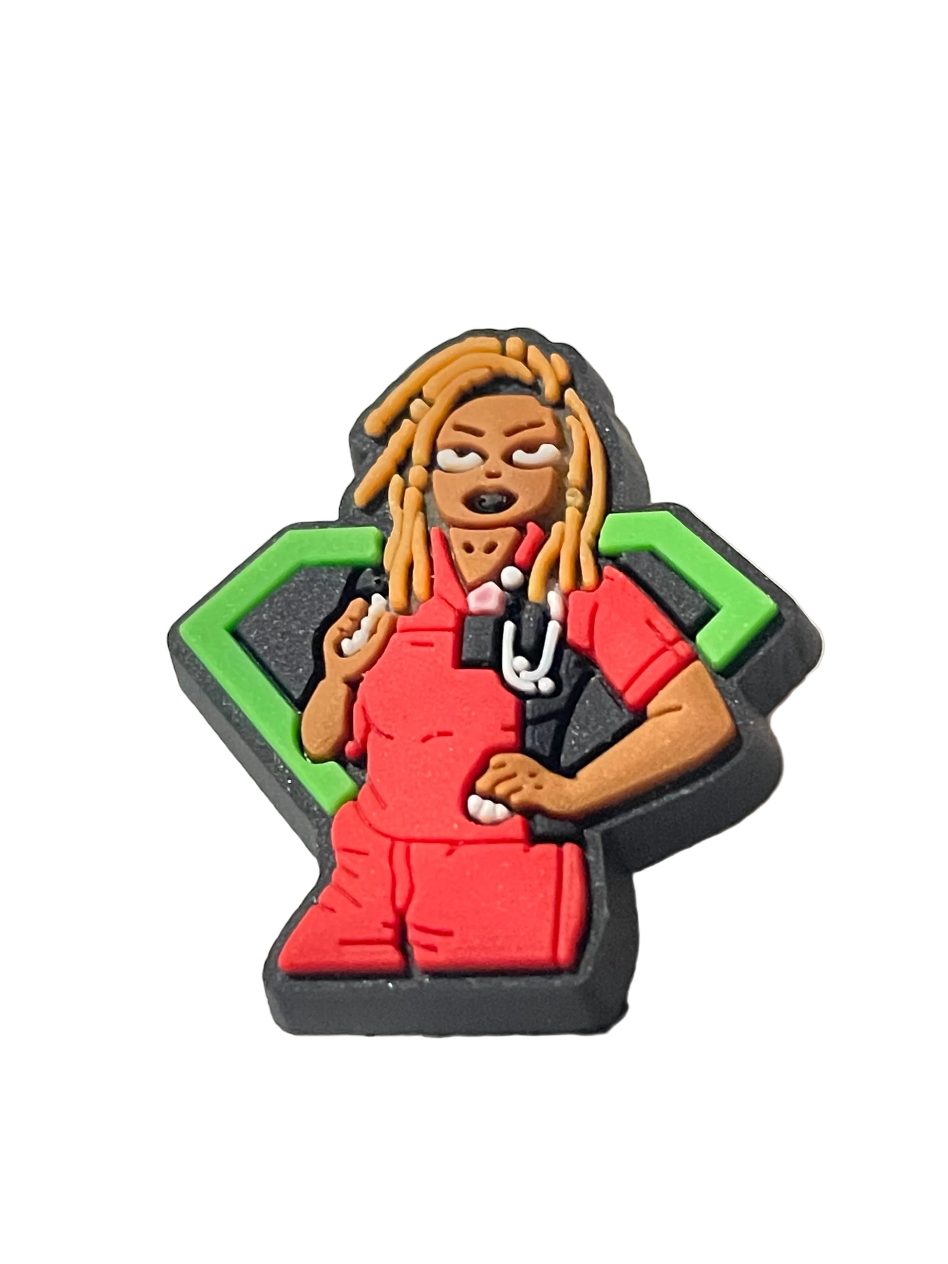 Colorful figurine of a person with braided hair on a light gray background
