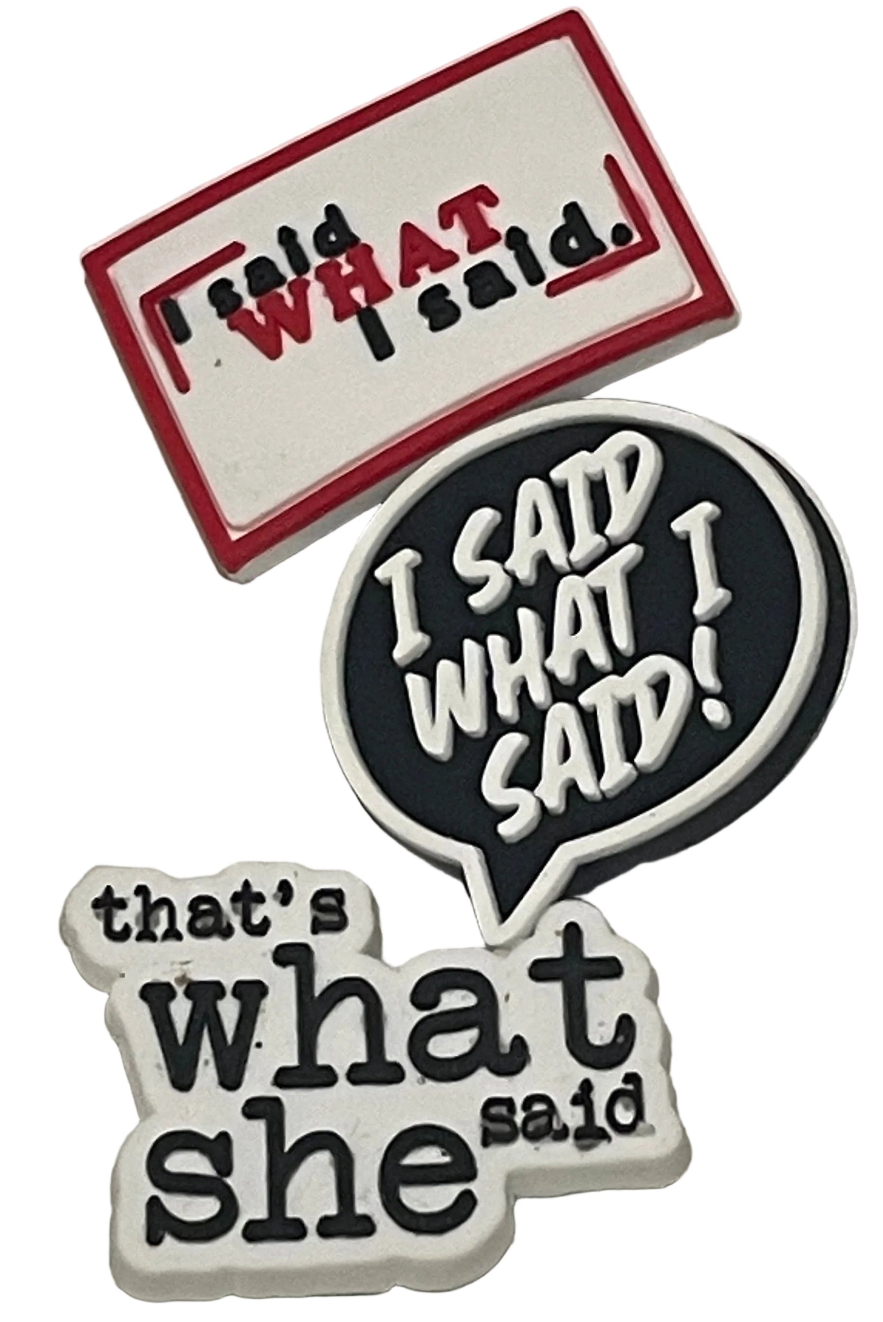 Three stickers with text on a plain background