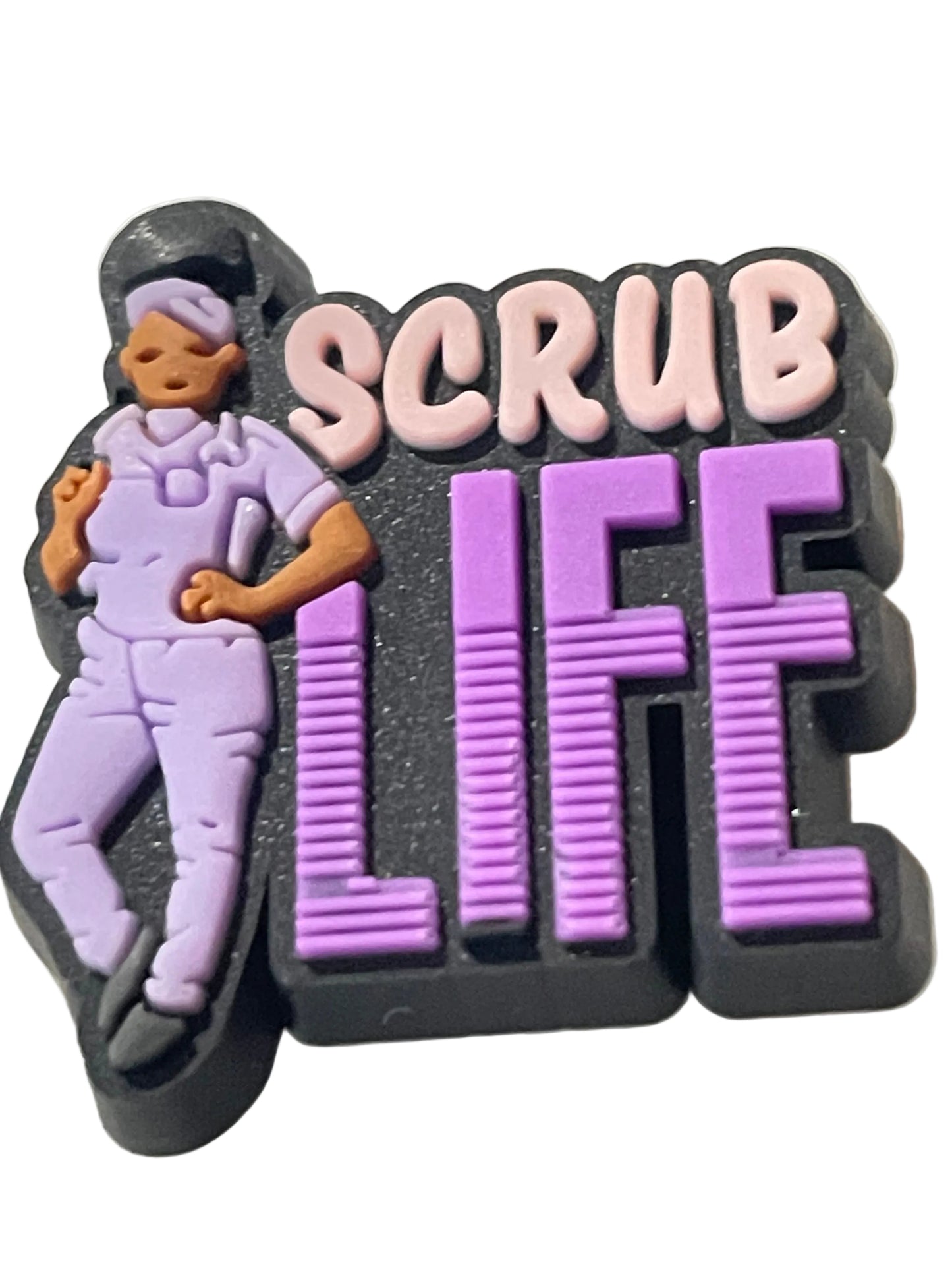 3D-printed badge with 'SCUBA SCRUB LADY' text and a figure in a diving suit on a light background
