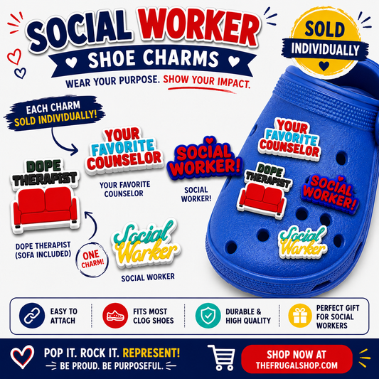 Blue shoe with social worker-themed shoe charms on a white background