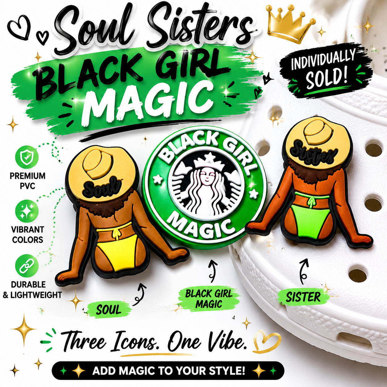 Black Girl Magic themed pins with Starbucks logo on a white background
